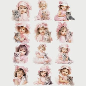 Visuel pour décorer les objets d'artisanat, scrapbooking, les cartes de vœux avec thème de fille habillée en rose et chat,12 visuels 5 cm.
