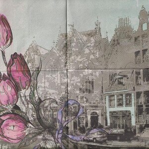 Serviette Décorative, à l'unité ou en lot de 4, en Papier, Bouquet de tulipes et bâtiments Flamants,  pour Collage et Scrapbooking.