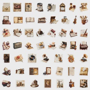 Pack 53 visuels  vintage en vinyle réutilisables, formes irrégulières pour scrapbooking journaux, ordinateurs portables étuis de téléphone -