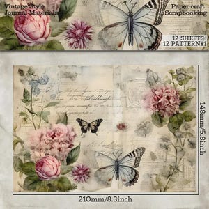 Ensemble de 12 Feuilles à Motifs Floraux et Papillons Vintage, Parfait pour les journaux, le Scrapbooking et les Cartes de Vœux.
