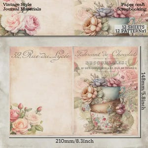 Lot de 12 feuilles de papier journal au design floral et tasse à thé vintage, le scrapbooking, les loisirs créatifs et les cartes de vœux