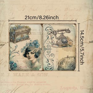Lot de 8 Papiers de Scrapbooking Vintage pour Femmes, Taille A5, Designs Élégants Bleus et Noirs avec Motifs Floraux.