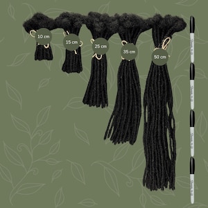 May include: Five sets of black dreadlocks in different lengths, measuring 10 cm, 15 cm, 25 cm, 35 cm, and 50 cm.