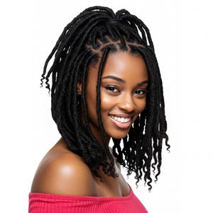 Peut inclure: Une personne souriante à la peau foncée et aux dreadlocks noirs. Les dreadlocks sont coiffées en chignon, avec quelques mèches encadrant le visage. La personne porte un haut rouge à épaules dénudées.