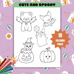 Halloween Coloring Pages For Kids, Bold and Easy Cute and Spooky Coloring Pages, Printable Kawaii Coloring Sheets, Digital Download