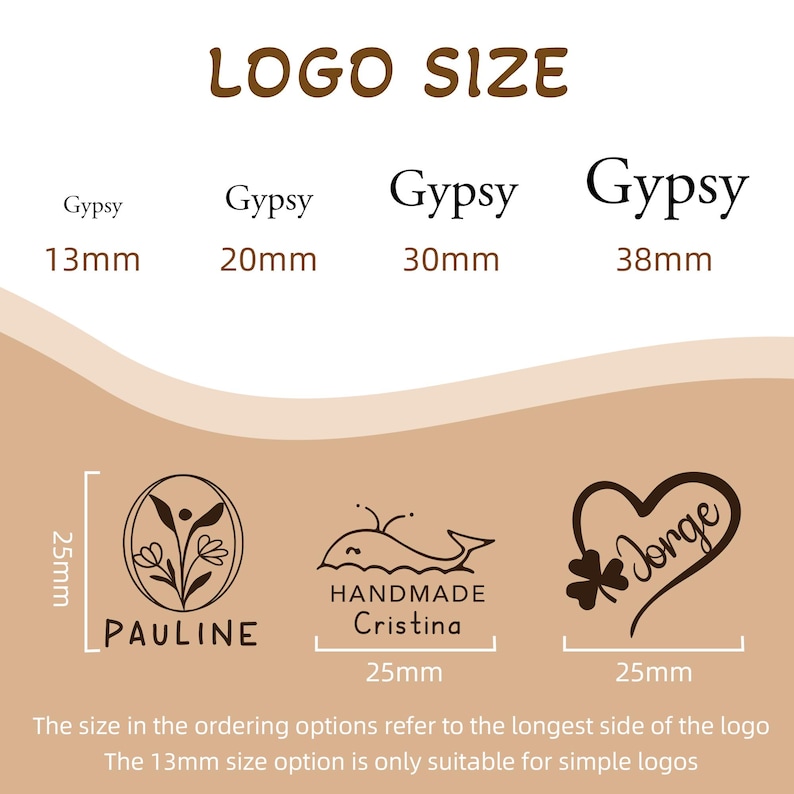 May include: A graphic showing different sizes for custom logo stamps. The sizes are 13mm, 20mm, 30mm, and 38mm. The image shows three examples of logos: a floral design with the name "PAULINE", a whale with the text "HANDMADE Cristina", and a heart with a clover and the name "Jorge".