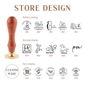 May include: A collection of 15 different rubber stamps with various designs. The stamps are arranged in three rows of five. The top row features pottery-themed stamps, the middle row features animal-themed stamps, and the bottom row features fern-themed stamps. Each stamp has a unique design and text, such as "Pottery by Sandra", "Bee Best", and "Custom Made".