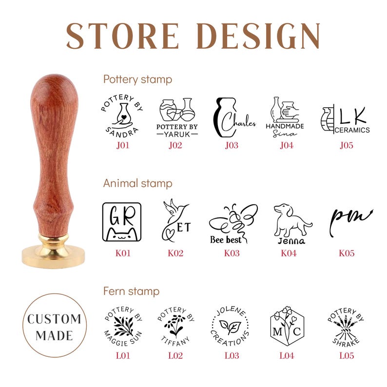 May include: A collection of 15 different rubber stamps with various designs. The stamps are arranged in three rows of five. The top row features pottery-themed stamps, the middle row features animal-themed stamps, and the bottom row features fern-themed stamps. Each stamp has a unique design and text, such as "Pottery by Sandra", "Bee Best", and "Custom Made".