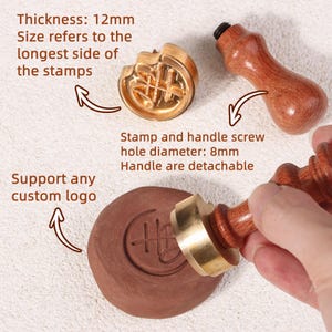 May include: Two brass stamps with wooden handles. The stamps are round and have a design of Chinese characters. The handles are detachable and have a screw hole diameter of 8 mm. The stamps are 12 mm thick. The text "Support any custom logo" is visible in the image.