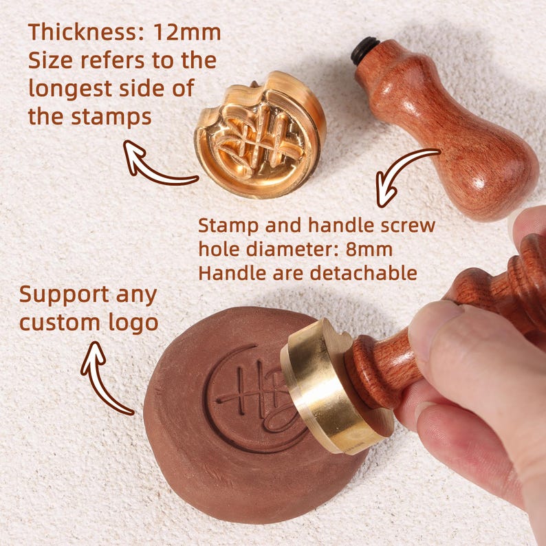 May include: Two brass stamps with wooden handles. The stamps are round and have a design of Chinese characters. The handles are detachable and have a screw hole diameter of 8 mm. The stamps are 12 mm thick. The text "Support any custom logo" is visible in the image.
