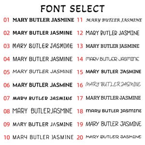 May include: A list of 20 font options for the name "MARY BUTLER JASMINE". Each font is numbered from 1 to 20. The fonts are all in black and white.