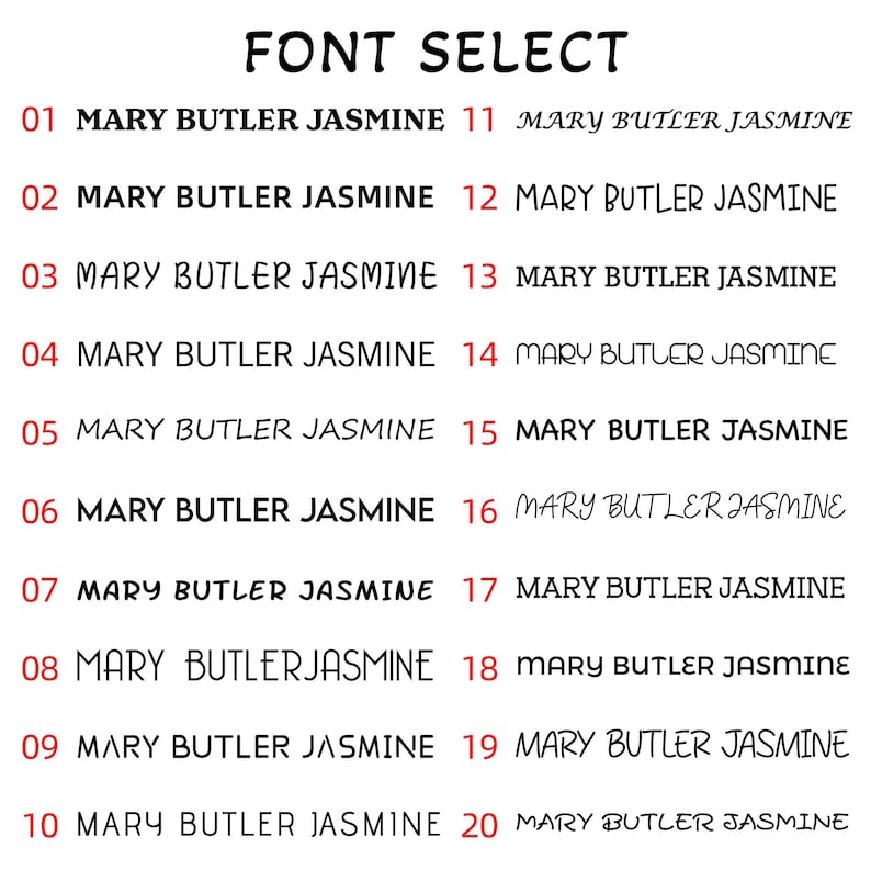 May include: A list of 20 font options for the name "MARY BUTLER JASMINE". Each font is numbered from 1 to 20. The fonts are all in black and white.