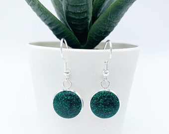 Emerald Green Glitter Disc Earrings