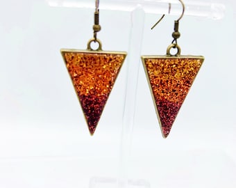 Ombre Glitter Antique Brass Inverted Triangle Earrings