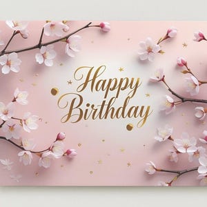 Puede incluir: Tarjeta de felicitación de cumpleaños con un fondo rosa pálido y la inscripción dorada "Happy Birthday". Ramas de flores de cerezo blancas y rosas y detalles dorados adornan el diseño.