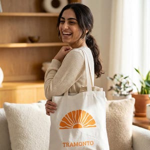 May include: A white canvas tote bag with an orange sunburst design and the word "TRAMONTO" printed in orange. The bag has long straps and is being held by a person.
