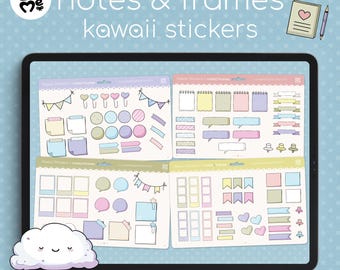 Puede incluir: Cuatro hojas de pegatinas kawaii coloridas con notas y marcos. Las pegatinas están sobre un fondo blanco y presentan una variedad de diseños, incluyendo banderas, corazones, estrellas y burbujas de diálogo. Las pegatinas son perfectas para agregar un toque de fantasía a tu planificador, diario o álbum de recortes.