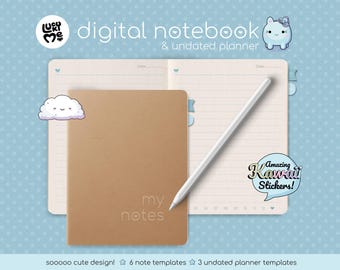 Kawaii Digital Notebook & Undated Digital Planner - Hyperlinked Template for Goodnotes and Digital PDF Notes Apps
