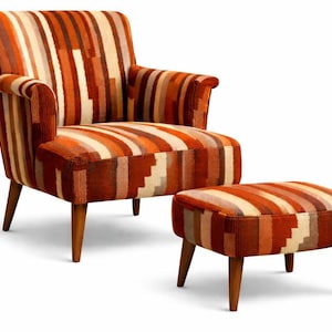 Moroccan Handmade Accent Chair with Ottoman, Colorful Woven Armchair Set, Mid Century Lounge Chair, Boho Living Room Furniture