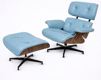 Holz und Leder Moderner Loungesessel mit Ottomane - Premium blaues Leder-Walnussholz