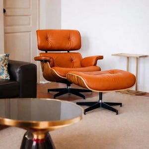 Wood And Leather  Modern Lounge Chair with Ottoman – Premium Brown Leather  Walnut Wood