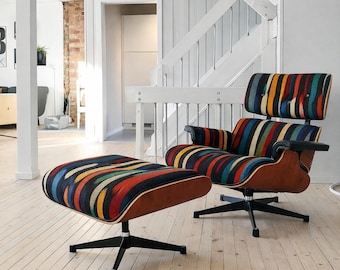 Handmade Moroccan Accent Chair and Ottoman Set – Striped Boho Mid Century Furniture