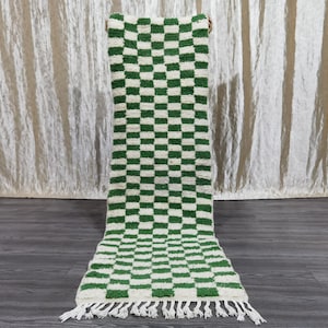 Handmade Green Checkered Moroccan Shag Rug: Berber Wool Area Rug