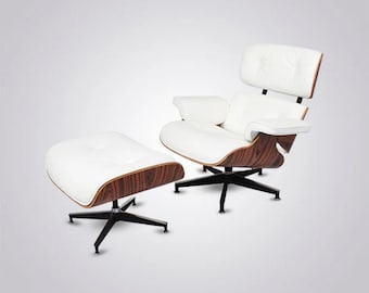 Wood And Leather  Modern Lounge Chair with Ottoman – Premium White Leather  Walnut Wood