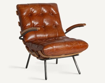 Handmade Leather Lounge Chair, Mid Century Modern Armchair, Brown Tufted Moroccan Chair, Luxury Accent Chair, Living Room Furniture