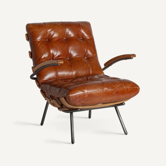 Handmade Leather Lounge Chair, Mid Century Modern Armchair, Brown Tufted Moroccan Chair, Luxury Accent Chair, Living Room Furniture