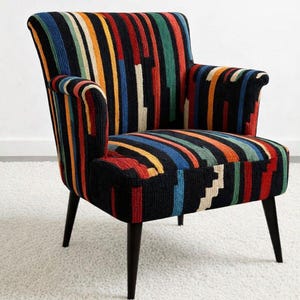 Moroccan Handmade Accent Chair, Colorful Woven Armchair, Mid Century Modern Lounge Chair, Boho Upholstered Chair, Living Room Statement Seat