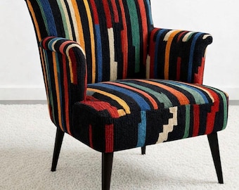 Marokkanischer handgefertigter Akzentstuhl, Bunt gewebter Sessel, Mid Century Modern Lounge Chair, Boho Polsterstuhl, Wohnzimmer Statement Sitz
