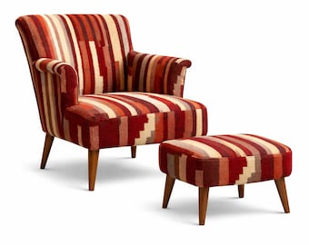 Sillón y otomana marroquíes hechos a mano – Muebles de estilo bohemio de mediados de siglo con rayas