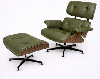 Poltrona lounge moderna in legno e pelle con poggiapiedi – Pelle verde di alta qualità, legno di noce