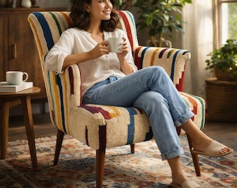 Silla decorativa marroquí hecha a mano, sillón tejido colorido, sillón de salón moderno de mediados de siglo, silla tapizada bohemia, asiento llamativo para la sala de estar