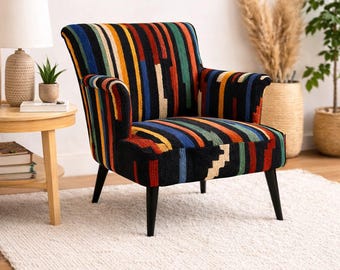 Mid Century Modern Armchair, Colorful Kilim Pattern, Moroccan Style Accent Chair