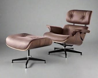 Wood And Leather  Modern Lounge Chair with Ottoman – Premium Brown clear Leather  Walnut Wood