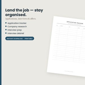 Set di 8 modelli stampabili per il monitoraggio della ricerca di lavoro / Registro delle candidature / Preparazione al colloquio / Resoconto del networking / Confronto delle offerte / Lettera