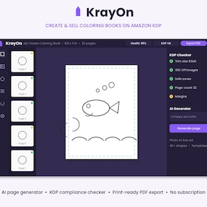May include: A digital interface for KrayOn software showing a coloring book project with a fish line drawing on a central canvas. The sidebar displays page thumbnails, while the right panel features a KDP checker, AI generator, and export button.
