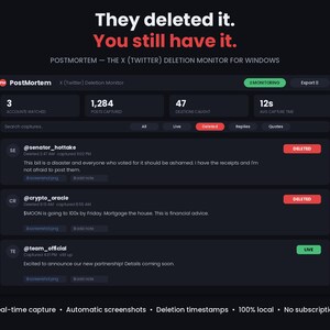 PostMortem — X (Twitter) Deleted Tweet Tracker | Auto Screenshot + Deletion Timestamp | Windows App, One-Time Purchase, Instant Download