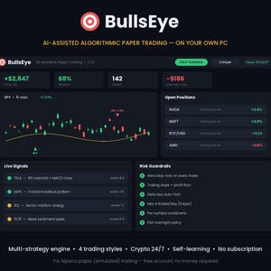 BullsEye AI Trading Bot | Algorithmische Paper-Trading-Plattform für Alpaca | Algorithmisches Trading risikofrei lernen | Windows Python | Keine Abonnements erforderlich