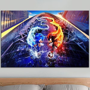 May include: An illustration of Sonic the Hedgehog and Shadow the Hedgehog facing each other in a city setting. The background is a blurred image of a city with a blue and red glow.