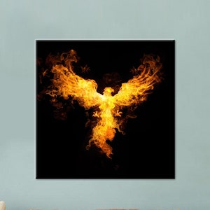Arte murale nera, arte su tela arancione, decorazione della caverna dell'uomo, arte murale del loft, poster di Fire Bird, arte su tela moderna, decorazione di arte astratta, arte su tela