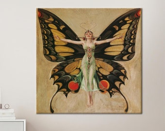 Pode incluir: Uma ilustração vintage de uma mulher com asas de borboleta. A mulher está vestindo um vestido verde e tem os braços estendidos. As asas de borboleta são amarelas, pretas e vermelhas.