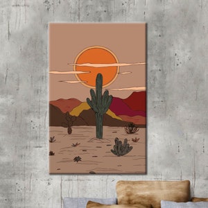 Kaktus Leinwand, Wilde Leinwand Kunst, Berg Leinwand Kunst, Sonne Wand Kunst, Wüsten Kunst Dekor, Boho Poster Kunst, Moderne Leinwand Kunst, Leinwand Dekor