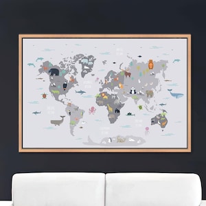 Kinder Karte Kunst, Weltkarte Leinwand, Lernkarte, Lernmittel, Tiere Karte Leinwand, Leinwand Wandkunst, Leinwand Kunst, Wohnkultur Kunst