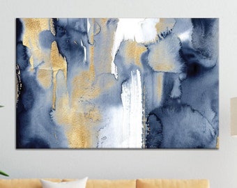 Arte en lienzo azul marino, decoración artística dorada, azul y dorado, arte en lienzo brillante, contemporáneo, arte mural moderno, abstracto moderno, arte en lienzo enmarcado