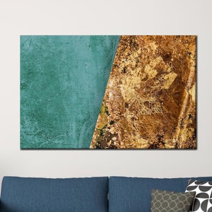 May include: Abstract art print featuring a teal blue and gold textured design. The print is divided diagonally with a teal blue section on the left and a gold section on the right.