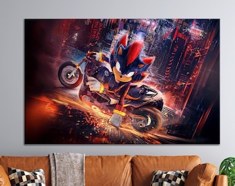 Shadow the Hedgehog Motorrad Leinwand Kunst - Futuristische Sonic Wand Dekoration, Gamer Raum Poster, Neon Cyberpunk Druck, Geschenk für Sonic Fan
