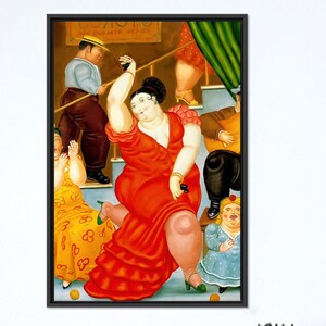 May include: A framed print of a painting showing a vibrant scene with multiple figures. The main subject, a woman in a red dress, is dancing. Other figures are on a staircase. The artwork has a unique style with exaggerated forms and bright colours.